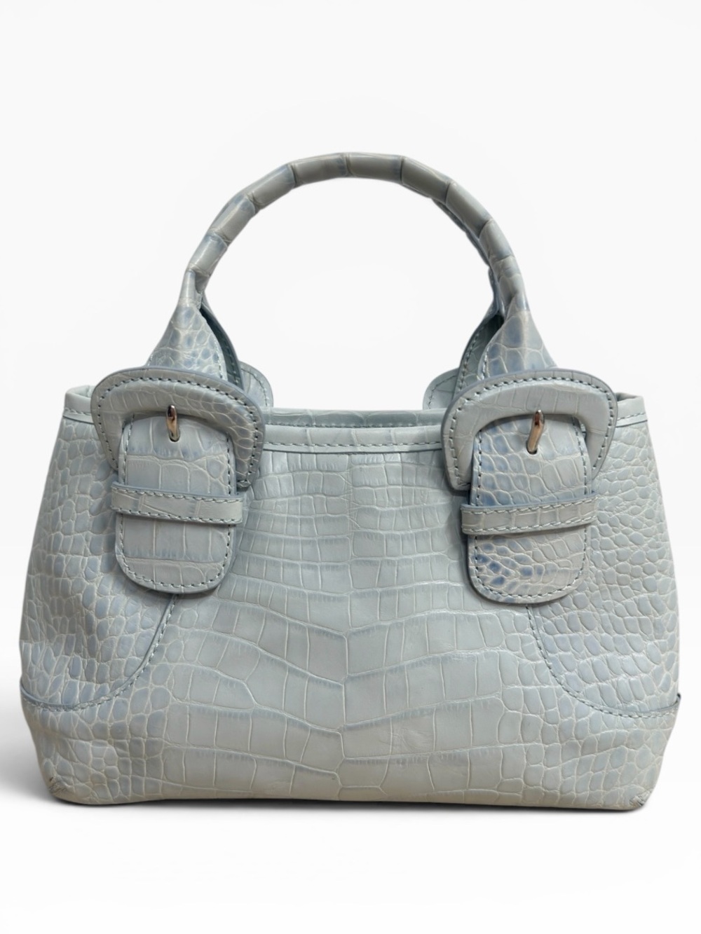 Cole Haan Light Blue Croc Embossed Leather Satchel Buckle Top Handle Purse Bag